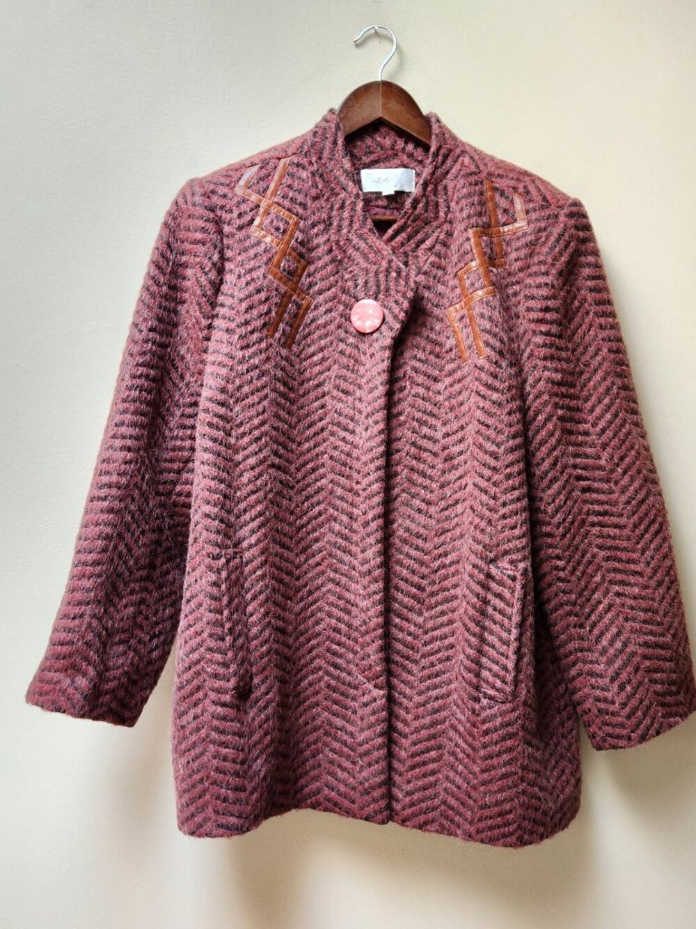 Vintage dark red/burgundy with leather trim over coat / l/xl